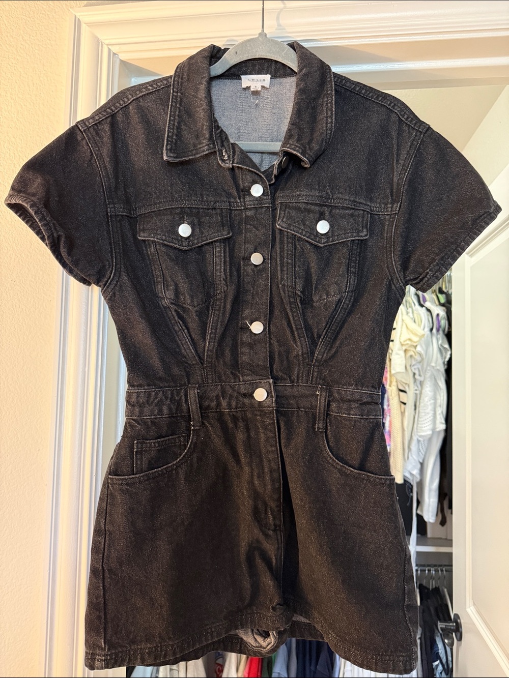Black Denim Short Sleeve Romper - Button Front